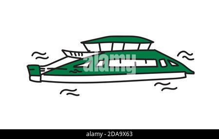 Imbarcazione disegnata a mano in stile doodle. Tratto nero ed elementi verdi. Semplice illustrazione vettoriale isolata su sfondo bianco. Illustrazione Vettoriale