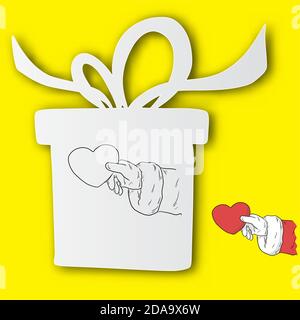 Arte di carta mano di Babbo natale che tiene la forma del cuore in carta bianca con le linee nere isolate su sfondo giallo. Concetto di Natale. Illustrazione Vettoriale