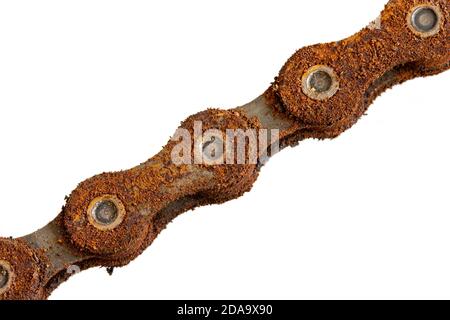 La catena arrugginita si chiude, isolata su sfondo bianco. Una catena di biciclette arrugginita, vista macro. Foto Stock