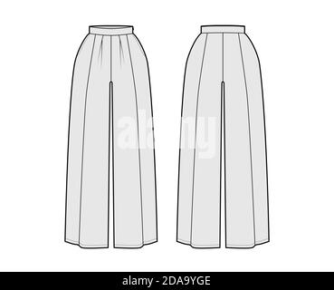 Pantaloni gonna culotte gaucho illustrazione tecnica moda con lunghezza pavimento caviglia, silhouette oversize, zip laterale. Modello a fondo piatto, anteriore, posteriore, grigio. Donne, uomini, unisex CAD mockup Illustrazione Vettoriale