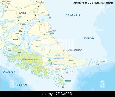 Mappa di Tierra del Fuego, arcipelago all'estremità meridionale del Sud America Illustrazione Vettoriale