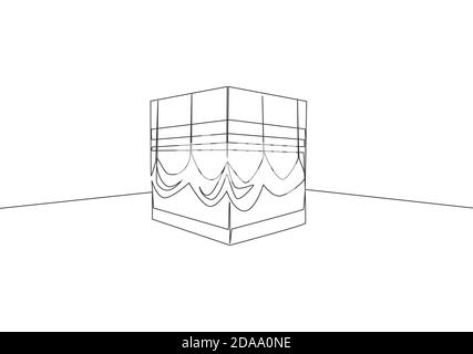 Un disegno a linea continua dell'edificio di Kaabah nella città di Mekkah, Arabia Saudita. Giorno santo islamico Ramadan Kareem e Eid al Adha saluto concetto di carta peccato Illustrazione Vettoriale