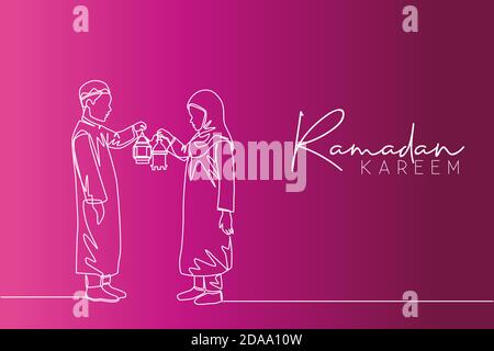 Ramadan Kareem biglietto d'auguri, poster e banner di sfondo. Disegno unico e continuo di due giovani musulmani islamici ragazzini e ragazzini Illustrazione Vettoriale