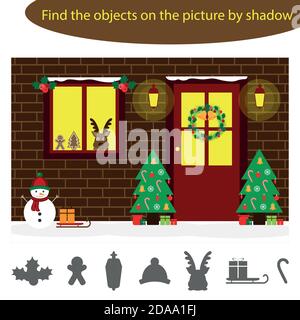Trova gli oggetti per ombra, gioco per bambini porta di natale in stile cartone animato, gioco di istruzione per i bambini, attività foglio di lavoro prescolare, attività per il Illustrazione Vettoriale
