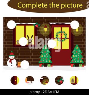 Completa il puzzle e trovare le parti mancanti della foto, Natale divertente gioco di educazione per i bambini in età prescolare attività del foglio di lavoro per i bambini, attività Illustrazione Vettoriale