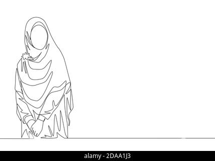 Singolo disegno di linea continuo di muslimah giovane felice bello che indossa i vestiti arabi tradizionali. Bellezza modello asiatico donna in moda hijab c Illustrazione Vettoriale