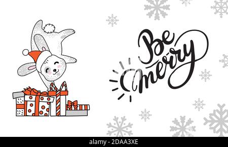 Vettore orizzontale coniglio carta di Natale essere allegro Illustrazione Vettoriale
