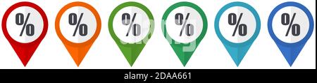 Percentuale, puntatori vettoriali di vendita, insieme di icone colorate a disegno piatto isolate su sfondo bianco Illustrazione Vettoriale