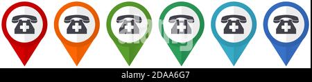 Chiamata di emergenza, puntatori vettoriali telefonici, set di icone colorate dal design piatto isolate su sfondo bianco Illustrazione Vettoriale