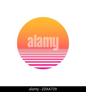 Gradiente di tramonto isolato su sfondo viola. Illustrazione vettoriale del sole in stile retrò anni '80 e '90. EPS 10 Illustrazione Vettoriale