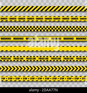 Linea di avvertimento della polizia. Nastro adesivo giallo e nero su sfondo trasparente. Illustrazione vettoriale. EPS 10 Illustrazione Vettoriale