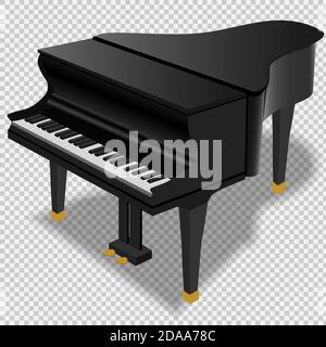 Pianoforte a coda nero su sfondo trasparente. Oggetto vettoriale isolato realistico. Illustrazione Vettoriale