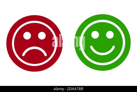 Emoticon sorridenti e tristi. Verde e rosso su sfondo bianco. Illustrazione Vettoriale