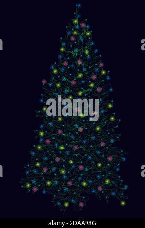 Struttura a reticolo di un albero di Natale fatto di linee verdi su uno sfondo scuro con luci incandescenti. Illustratio vettoriale Illustrazione Vettoriale