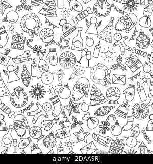 Modello natalizio senza cuciture Doodles. Sfondo senza confini cartoni animati. Albero di Natale e baubles, Santa sock, cappello e barba, mistletoe, regali, canne caramelle Illustrazione Vettoriale