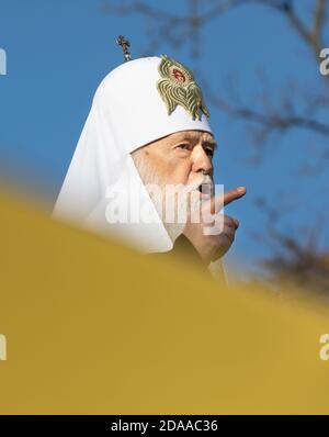 KIEV, UCRAINA - 14 ottobre 2018: Primate della Chiesa ortodossa Ucraina del Patriarcato di Kiev, Patriarca di Kiev e di tutta la Russia-Ucraina Filaret durante la preghiera per l'Ucraina in Piazza Sofia, a Kiev Foto Stock