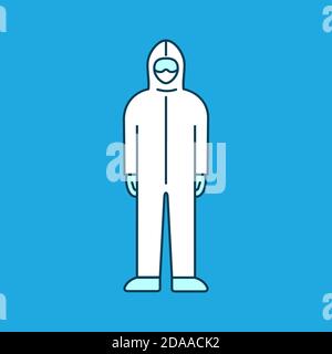 Apparecchiature mediche di sicurezza personale. Icona colore tuta protettiva. HAZMAT tuta PPE. Precauzione per il virus corona. Indumenti da lavoro monouso con profilo. Vettore Illustrazione Vettoriale