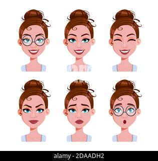 Vettore stock. Espressioni del volto della donna con i capelli marroni. Diverse emozioni femminili. Bellissimo carattere cartoon in stile piatto. Illustrazione vettoriale Illustrazione Vettoriale