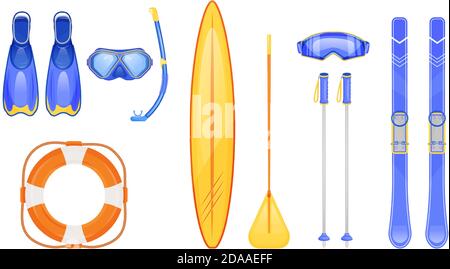 Set di oggetti vettoriali in tinta piatta per gli sport estivi e invernali Illustrazione Vettoriale