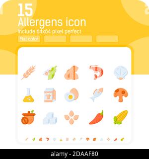Set vettoriale icone a colori piatte allergeniche. Isolato su sfondo bianco. Icona allergeni con stile piatto. I simboli degli allergeni alimentari emblema la raccolta dei segni Illustrazione Vettoriale