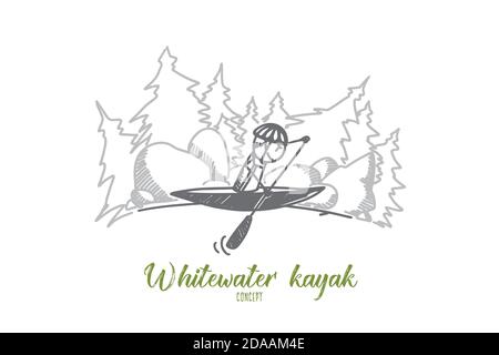 Concetto di kayak in whitewater. Vettore isolato disegnato a mano. Illustrazione Vettoriale