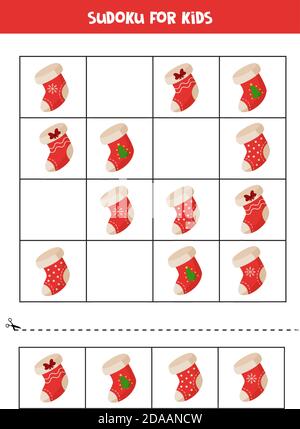 Gioco Sudoku per bambini. Set di calze natalizie. Illustrazione Vettoriale