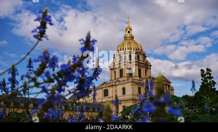 La storica cupola di Les Invalides a Parigi, in Francia, con la maestosa cupola dorata, tomba di Napoleone I., vista attraverso un mare di fiori con fiori blu. Foto Stock