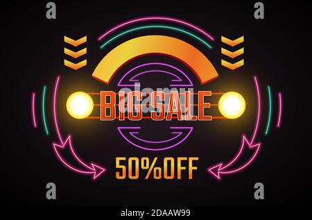 Grande sconto del 50% sul prezzo, cartello promozionale al neon Illustrazione Vettoriale