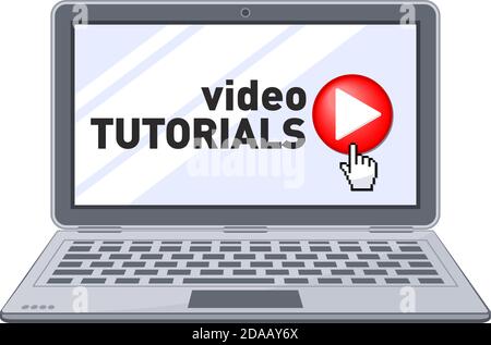 Tutorial video online formazione sullo schermo del notebook. Pulsante e cursore dell'apprendimento a distanza. Concetto di lezione di distanza online . Illus Illustrazione Vettoriale