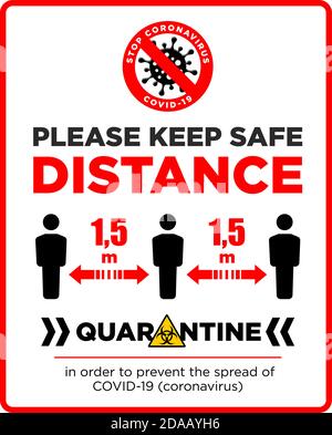 Cartello di avvertenza mantenere una distanza di sicurezza di 1.5 m. Azioni di quarantena, rischio di infezione da coronavirus COVID-19. Illustrazione, vettore Illustrazione Vettoriale