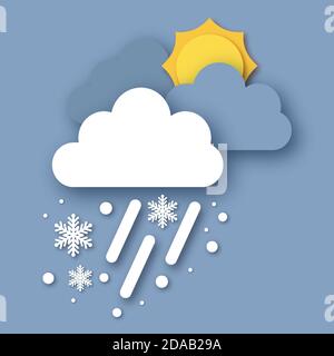 Nuvola di white paper con fiocchi di neve. Caduta di neve. Sole e cloud. Tempo di taglio della carta. Periodo invernale. Illustrazione Vettoriale