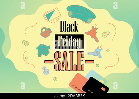 Black Friday 2020, banner di consumo intelligente. Illustrazione vettoriale acquisto con benefici sostenibili, consumare le cose: divano, vestiti, scarpe, cosmetici, fu Illustrazione Vettoriale
