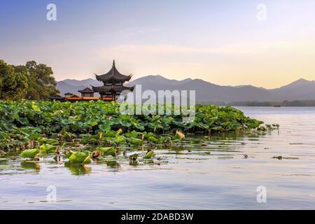 Scena serale sul Lago Ovest a Hangzhou, Cina con il Padiglione Gixiano e la piscina di Loto. Foto Stock