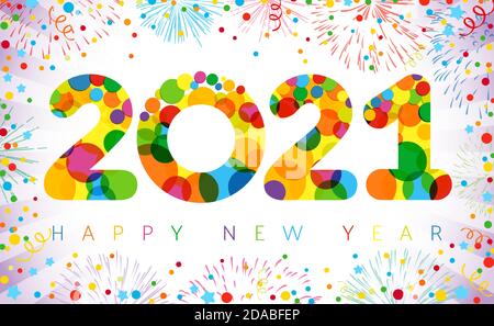 2021 un felice anno nuovo segno, congrats concetto. Logotipo orizzontale. Sfondo bianco nevoso. Modello grafico isolato astratto. Numeri decorativi Illustrazione Vettoriale