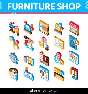 Mercato del negozio di mobili icone isometriche Set Vector Illustrazione Vettoriale