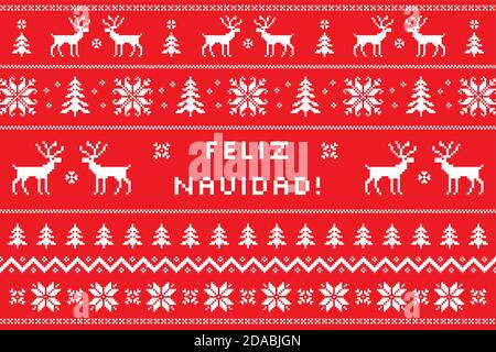 Buon Natale in spagnolo - Feliz Navidad biglietto d'auguri con classico maglione invernale. Modello di maglia nordica con cervi, fiocchi di neve e. Illustrazione Vettoriale