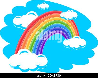 Arcobaleno nel cielo blu con le nuvole. Illustrazione modificabile su sfondo trasparente per la progettazione di un biglietto d'auguri, volantino. Vettore Illustrazione Vettoriale