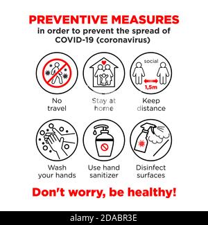 Misure preventive contro il set di icone della linea del coronavirus. Elementi di design di qualità distanza, lavaggio disinfettare le mani, rimanere a casa con la corsa modificabile. Vettore Illustrazione Vettoriale