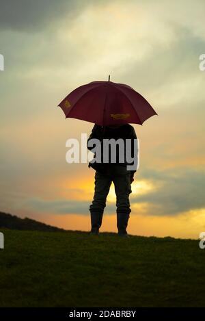 Basso angolo, vista posteriore della figura solitaria (uomo) all'aperto con ombrello in piedi isolato nella campagna del Regno Unito sulla collina guardando il cielo del tramonto autunno. Foto Stock