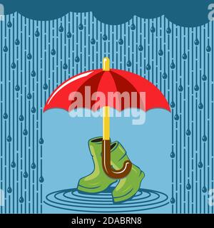 Ombrello aperto rosso e stivali in gomma su sfondo blu pioggia. Design piatto, vettoriale. Illustrazione Vettoriale