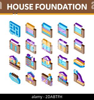 Vettore set icone isometriche base House Foundation Illustrazione Vettoriale