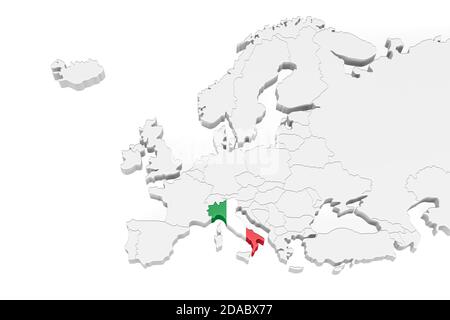 Mappa 3D Europa con confini marcati - area Italia Contrassegnato con bandiera italiana - isolato su sfondo bianco con Spazio per il testo - illustrazione 3D Foto Stock