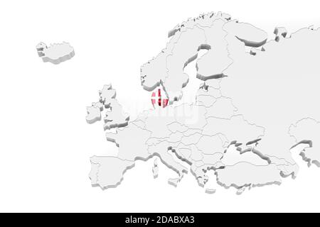 Mappa 3D Europa con confini marcati - area della Danimarca Contrassegnato con bandiera Danimarca - isolato su sfondo bianco con Spazio per il testo - illustrazione 3D Foto Stock