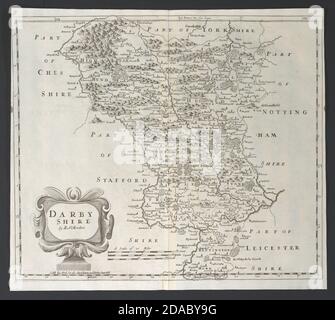 Derbyshire. 'DARBY SHIRE' DI ROBERT MORDEN. Mostra Peak District 1695 vecchia mappa Foto Stock