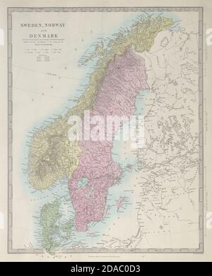 SCANDINAVIA. Svezia, Norvegia e Danimarca. Popolazioni. SDUK 1857 vecchia mappa Foto Stock