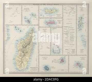 Isole DELL'OCEANO INDIANO Madagascar Seychelles Maldive Mauritius. Mappa SDUK 1857 Foto Stock