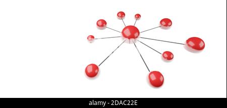 Sfere rosse collegate, globi o palline, connessione di rete, sfondo concettuale del lavoro di squadra su sfondo bianco cgi rappresentare l'illustrazione Foto Stock