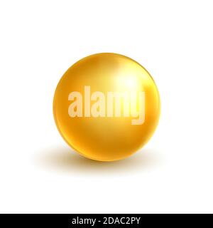 Sfera d'oro. Palla lucida brillante. Olio bolla d'oro. Elemento di design cosmetico di lusso. Capsula di vitamina o goccia di essenza di collagene. Sfera metallica. Cura della pelle Illustrazione Vettoriale
