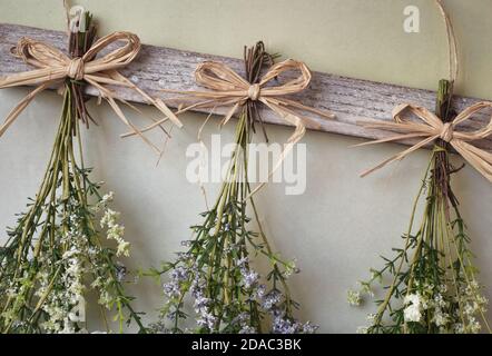 Vari bouquet luminoso di fiori secchi appesi su corda contro sfondo di legno, facendo fiori secchi decorazione moderna per interni domestici Foto Stock