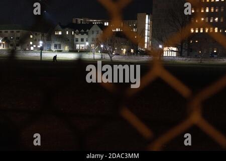 Un cane corre intorno Woodlawn Field presso l'Indiana University Foto Stock